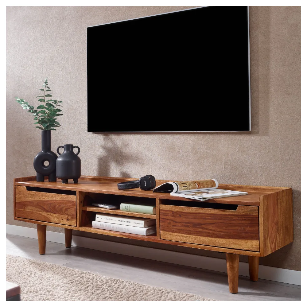 FineBuy Lowboard Sheesham Massivholz 145x43x35 cm TV-Kommode mit zwei Türen, Design TV-Schrank Hoch, Fernsehtisch Fernsehschrank Modern, Fernsehkommode Wohnzimmer
