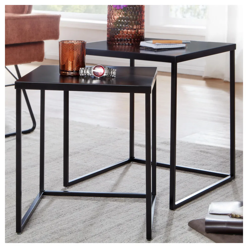 FineBuy Wohnzimmertisch 2er Set Metall Beistelltisch Eckig Schwarz, Design Beistelltisch Industrial, Sofatisch Couchtisch Quadratisch, Tischset 2-teilig Satztisch Stahl