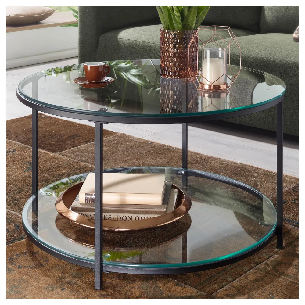 FineBuy Couchtisch 80x80x45 cm Glas / Metall Wohnzimmertisch Rund Modern, Sofatisch mit Stauraum, Loungetisch mit Ablagefach, Kaffeetisch Beistelltisch