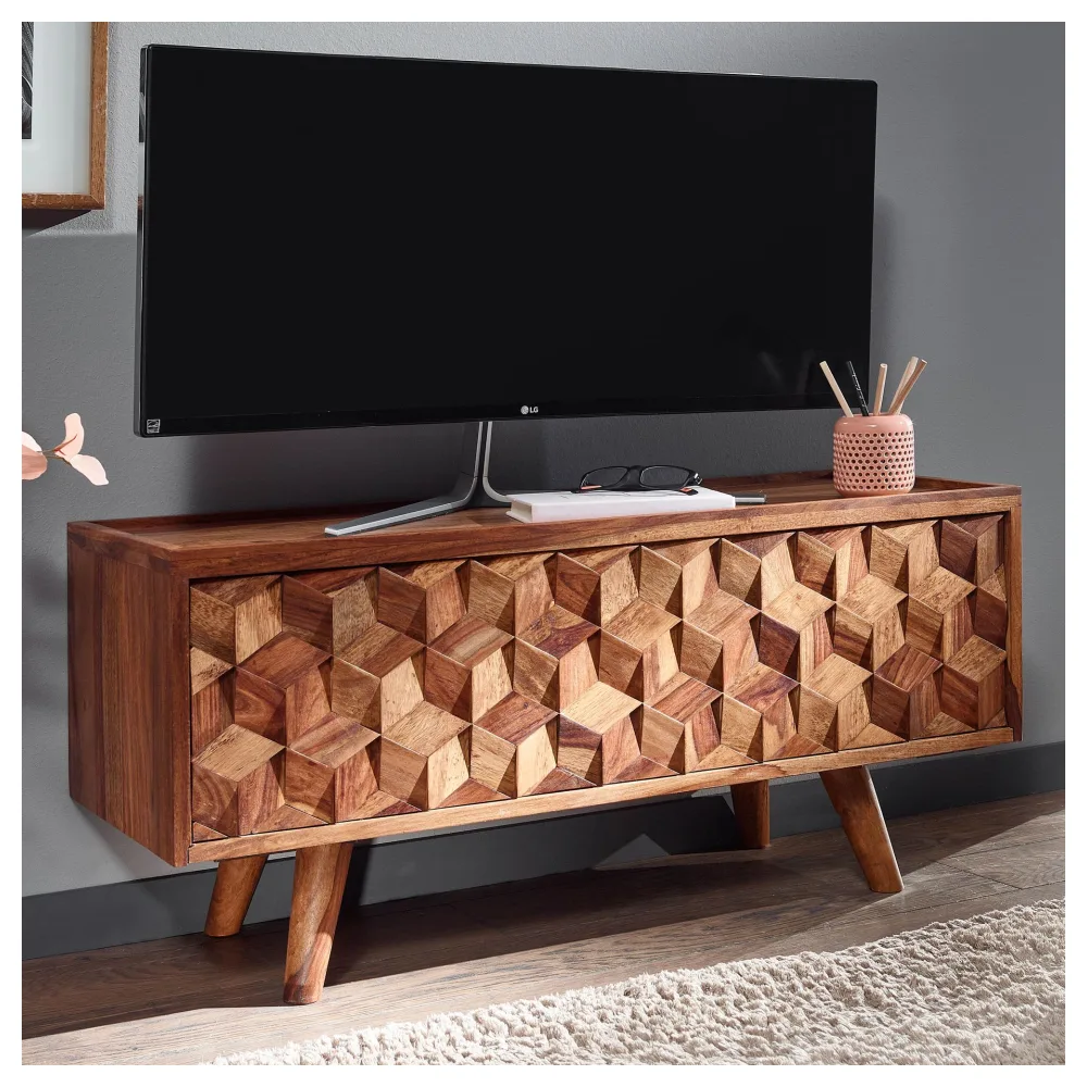 FineBuy Lowboard Sheesham Massivholz 90 cm - Kommode mit Klapptür - TV Schrank Sideboard - Fernsehschrank - Fernsehtisch - Fernsehkommode Wohnzimmerschrank