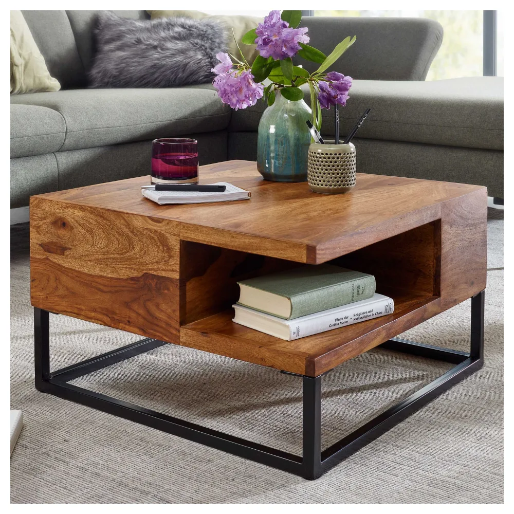 FineBuy Couchtisch 60x60x34,5 cm Sheesham Massivholz / Metall Sofatisch Eckig, Wohnzimmertisch mit Stauraum, Kaffeetisch Massiv, Kleiner Tisch Beistelltisch Wohnzimmer Modern Quadratisch