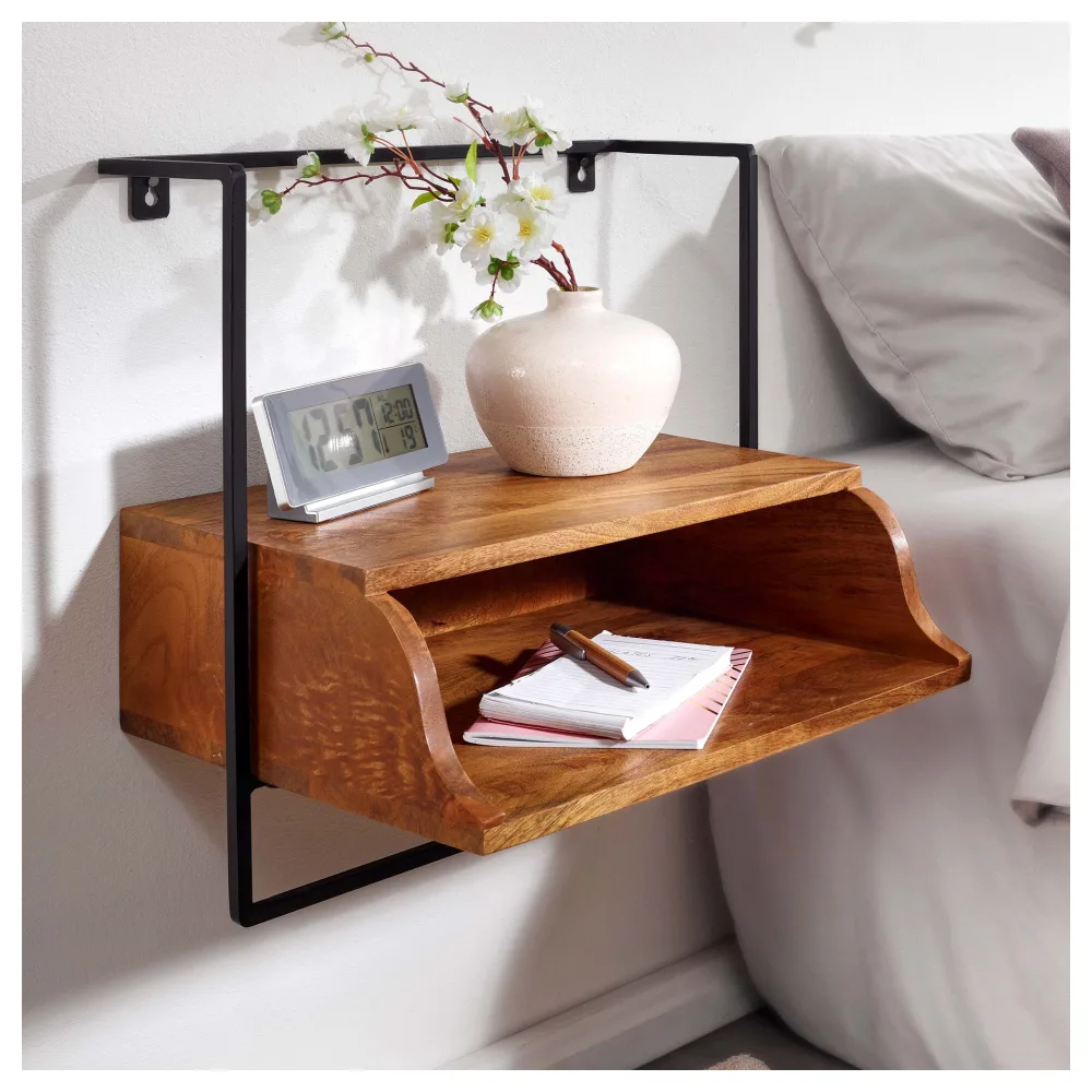 FineBuy Nachtkonsole zur Wandmontage aus Mango Massivholz mit Ablage – schwebender Nachttisch, modernes Wandboard mit Stauraum fürs Schlafzimmer – Nachtkästchen 44x45x35 cm