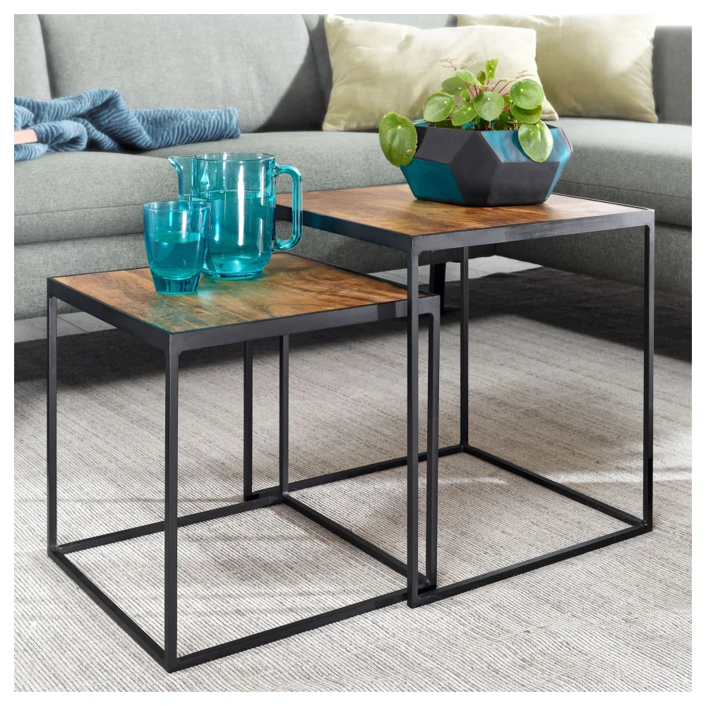FineBuy Wohnzimmertisch 2er Set Mango Massivholz / Metall Beistelltisch Eckig, Design Beistelltisch Industrial, Sofatisch Couchtisch Quadratisch, Tischset 2-teilig Satztisch