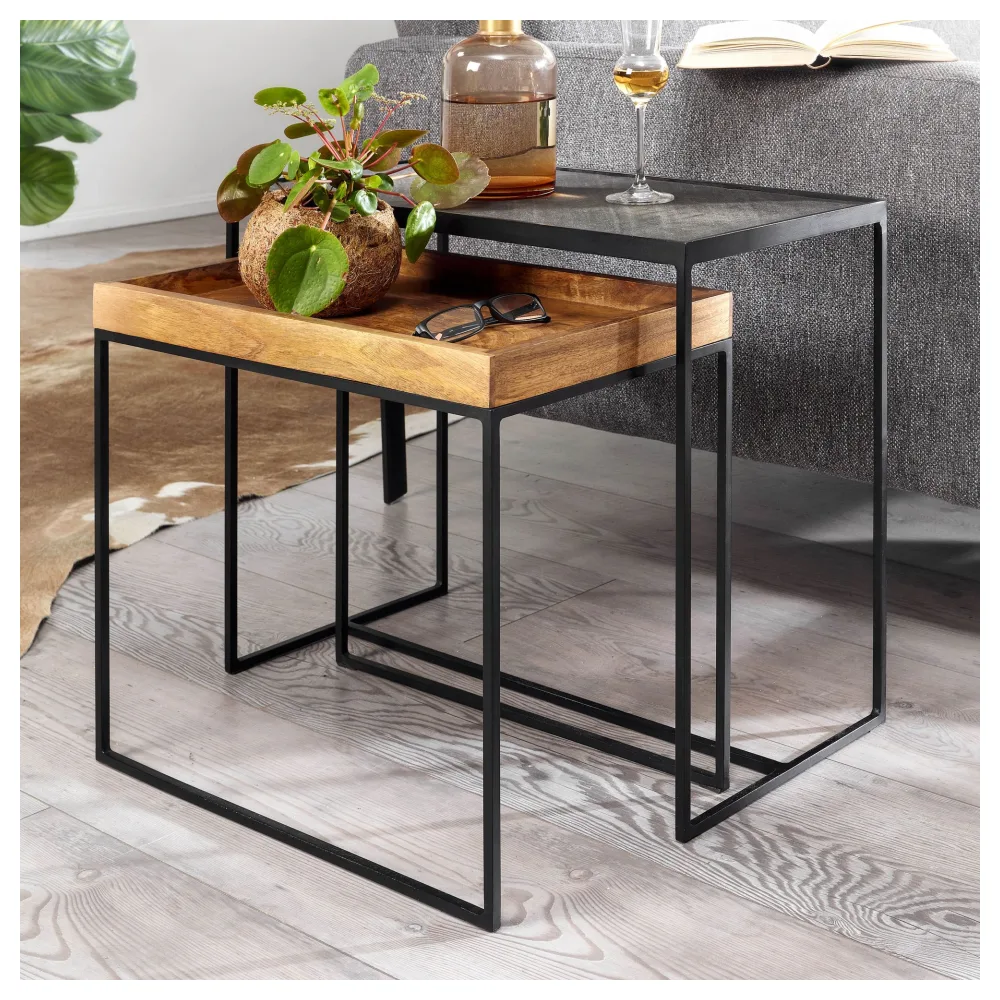 FineBuy Wohnzimmertisch 2er Set Mango Massivholz / Stein-Optik Beistelltisch Eckig, Design Beistelltisch Industrial, Sofatisch Couchtisch Rechteckig, Tischset 2-teilig Satztisch