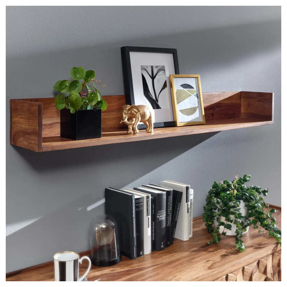 FineBuy Wandregal 120x15x20 cm Sheesham Massivholz Hängeregal Modern Schwebend, Großes Design Schweberegal, Regal Hängend Wohnzimmer, Bücherregal Wand