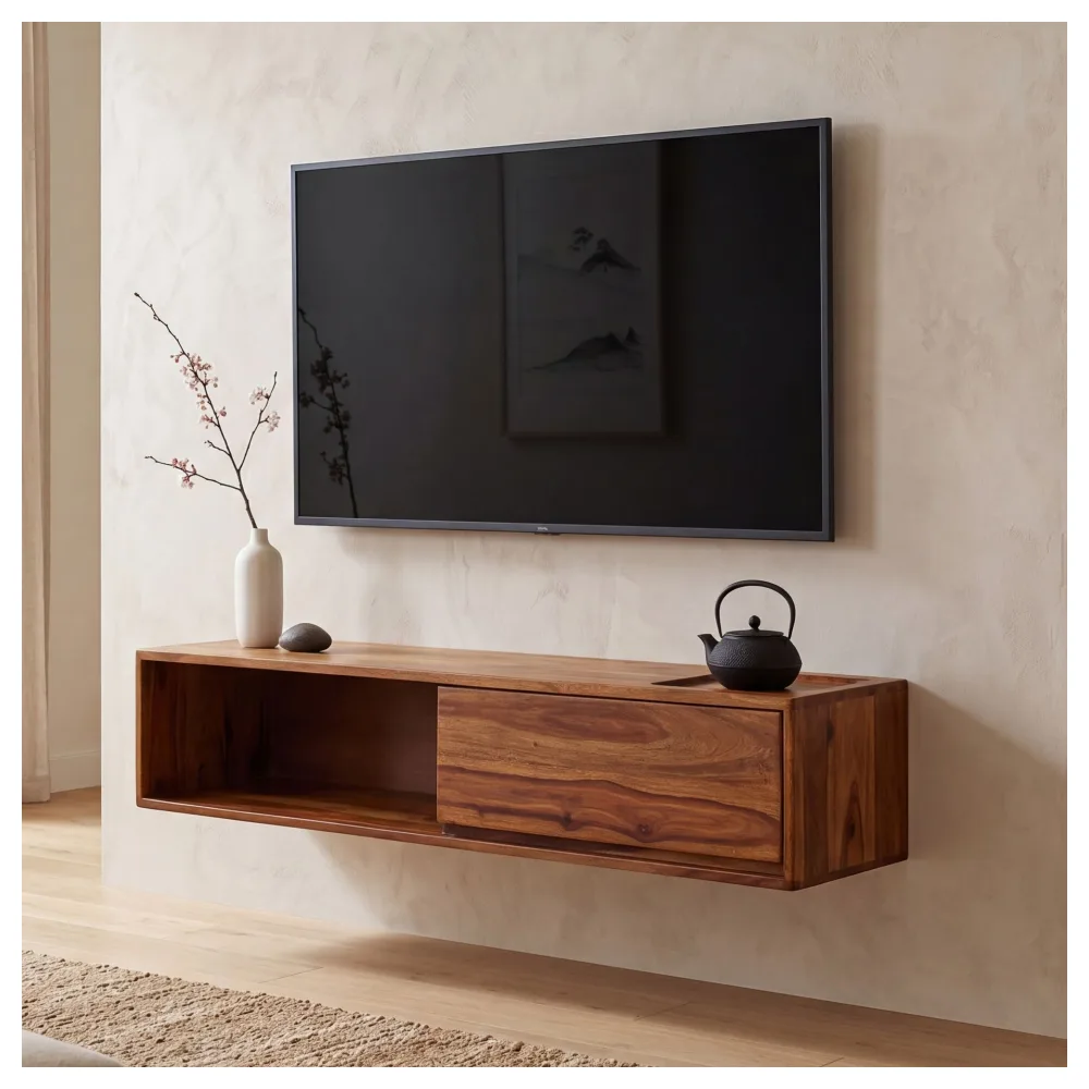 FineBuy Lowboard Hängend Sheesham Massivholz 108x25x34 cm TV-Schrank Braun, Design Fernsehtisch mit Stauraum, Fernsehschrank Wand Modern, TV-Kommode Fernsehkommode zum Aufhängen