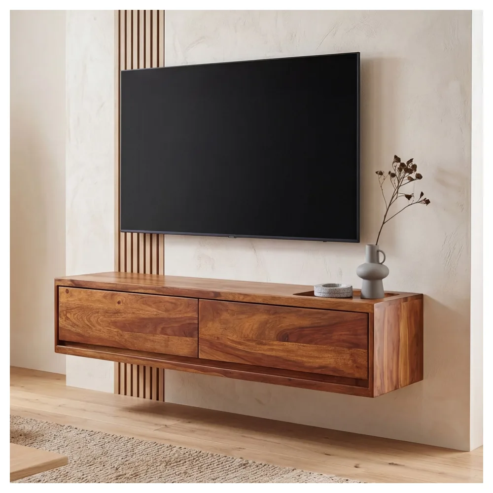FineBuy Lowboard Hängend Sheesham Massivholz 108x25x34 cm TV-Schrank Braun, Design Fernsehtisch mit Stauraum, Fernsehschrank Wand Modern, TV-Kommode Fernsehkommode zum Aufhängen
