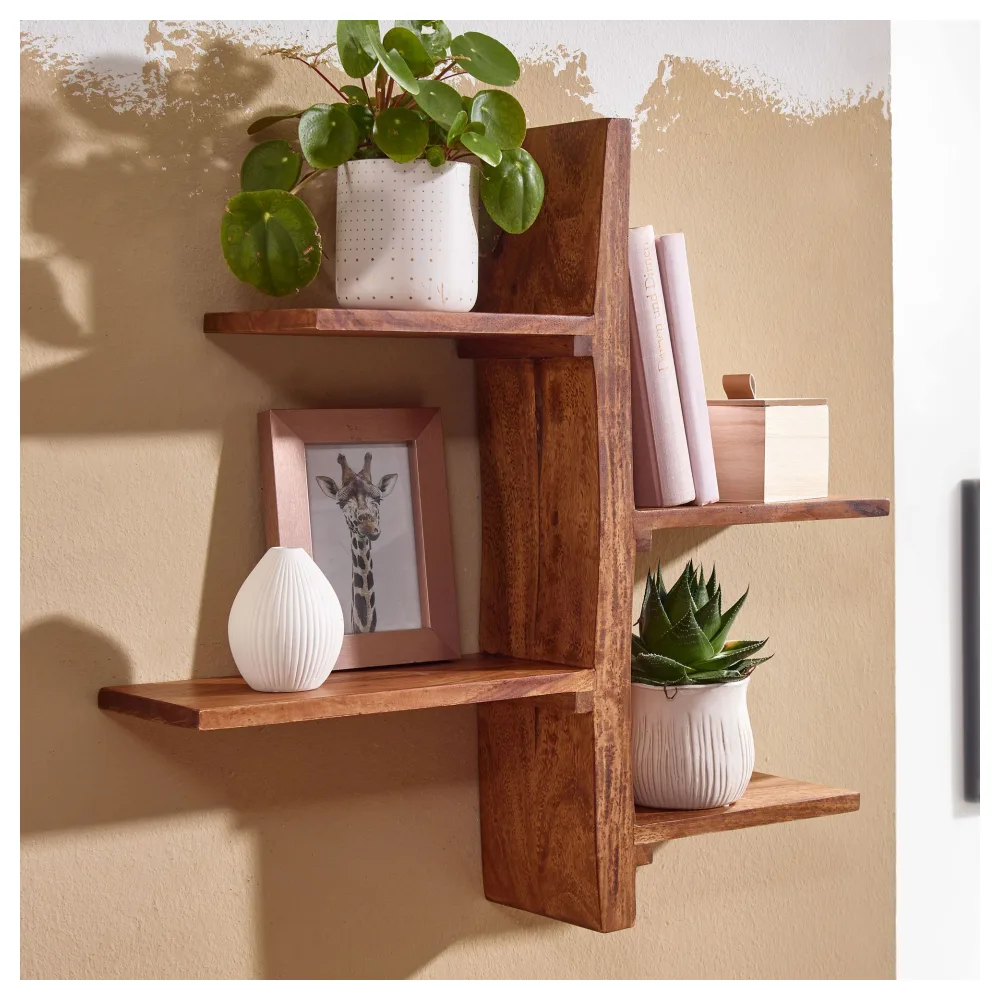 FineBuy Wandregal 58x60x15 cm Sheesham Massivholz Baum-Form Hängeregal Modern, Großes Design Schweberegal, Regal Hängend Wohnzimmer, Bücherregal Wand Schwebend
