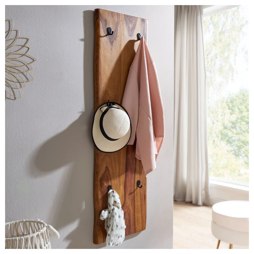 FineBuy Wandgarderobe Sheesham Massivholz 40 x 140 cm Baumkante - Garderobenpaneel massiv Holz - Wand Garderobenleiste Hakenleiste - 6 Kleiderhaken