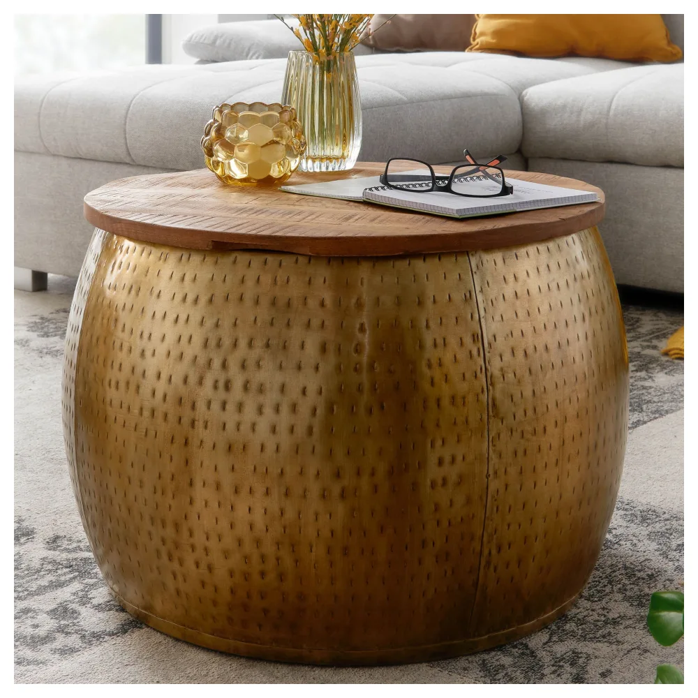 FineBuy Couchtisch Mango Massivholz Metall 60x60x40 cm Gold Rund mit Stauraum, Design Wohnzimmertisch abnehmbare Platte, Loungetisch Sofatisch Wohnzimmer Modern