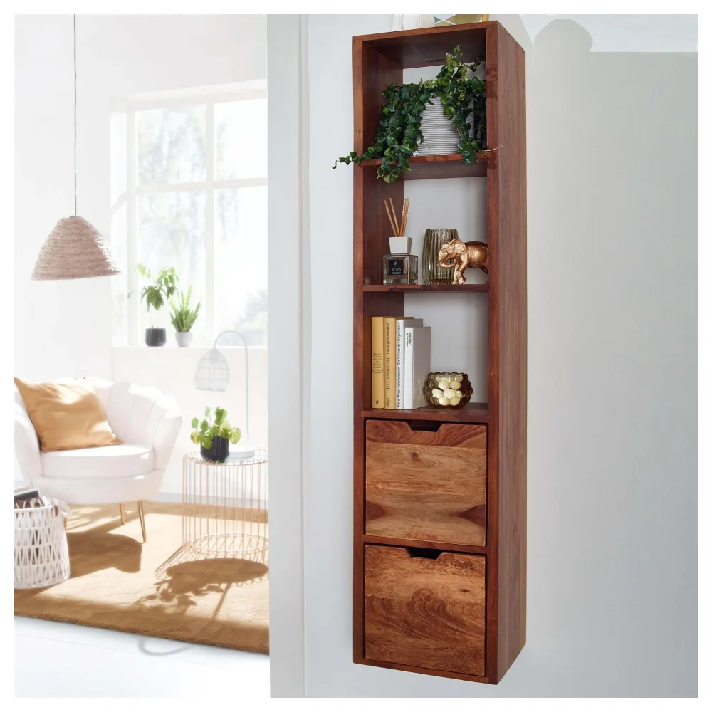 FineBuy Wandregal mit Schubladen 35x150x30 cm Sheesham Massivholz Hängeregal, Großes Design Schweberegal Modern, Regal Hängend Wohnzimmer, Bücherregal Wand Schwebend
