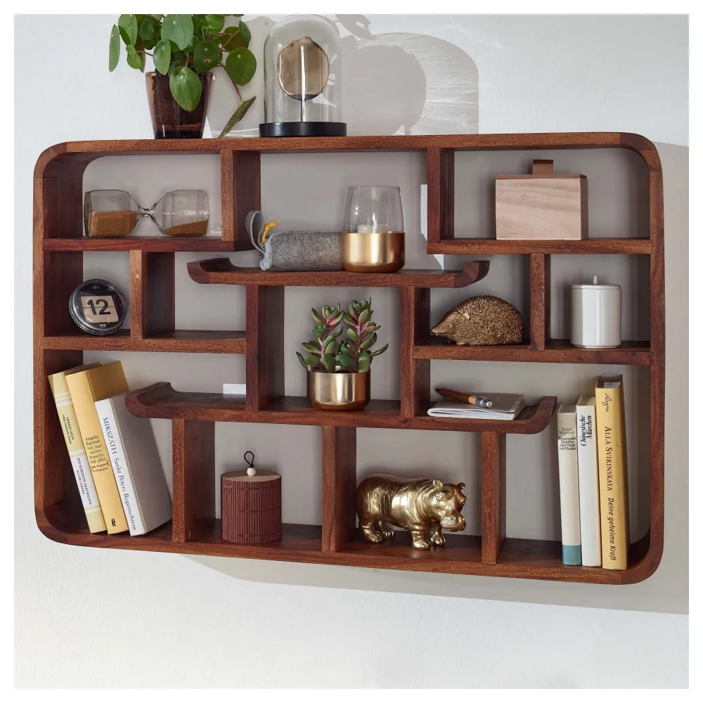 FineBuy Wandregal 80x55x15 cm Sheesham Massivholz Hängeregal Modern Schwebend, Großes Design Schweberegal, Regal Hängend Wohnzimmer, Bücherregal Wand