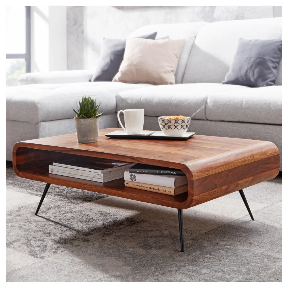 FineBuy Couchtisch Sheesham Massivholz 90 cm – Wohnzimmertisch mit Ablage im Retro Design | Handgefertigter Holztisch mit klarlackversiegelter Oberfläche