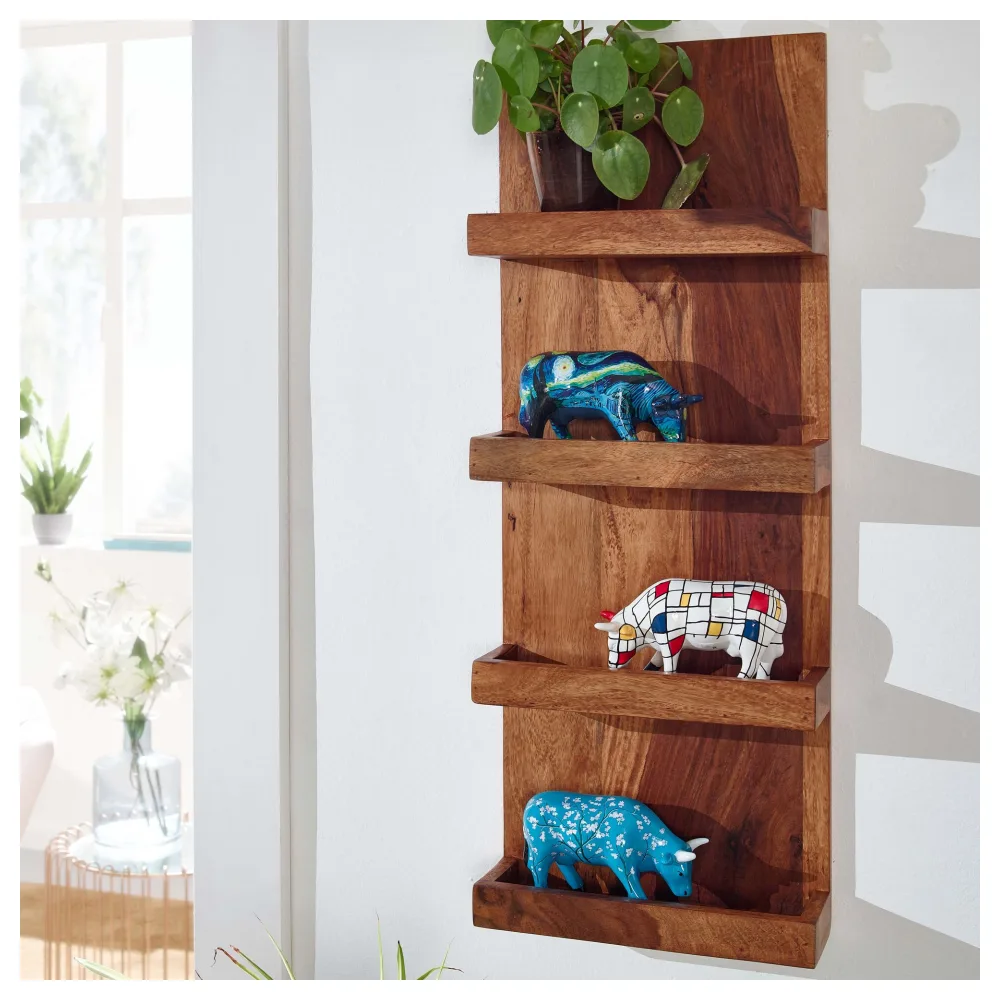 FineBuy Wandregal 30x80x10 cm Sheesham Massivholz Hängeregal Modern Schwebend, Großes Design Schweberegal, Regal Hängend Wohnzimmer, Bücherregal Wand