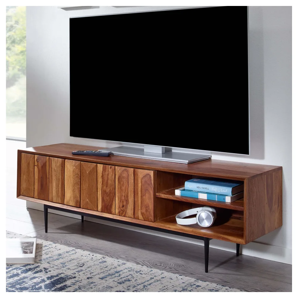 Finebuy Lowboard Sheesham Massivholz 123x42x35 cm TV-Kommode mit zwei Türen, Design TV-Schrank Hoch, Fernsehtisch Fernsehschrank Modern, Fernsehkommode Wohnzimmer