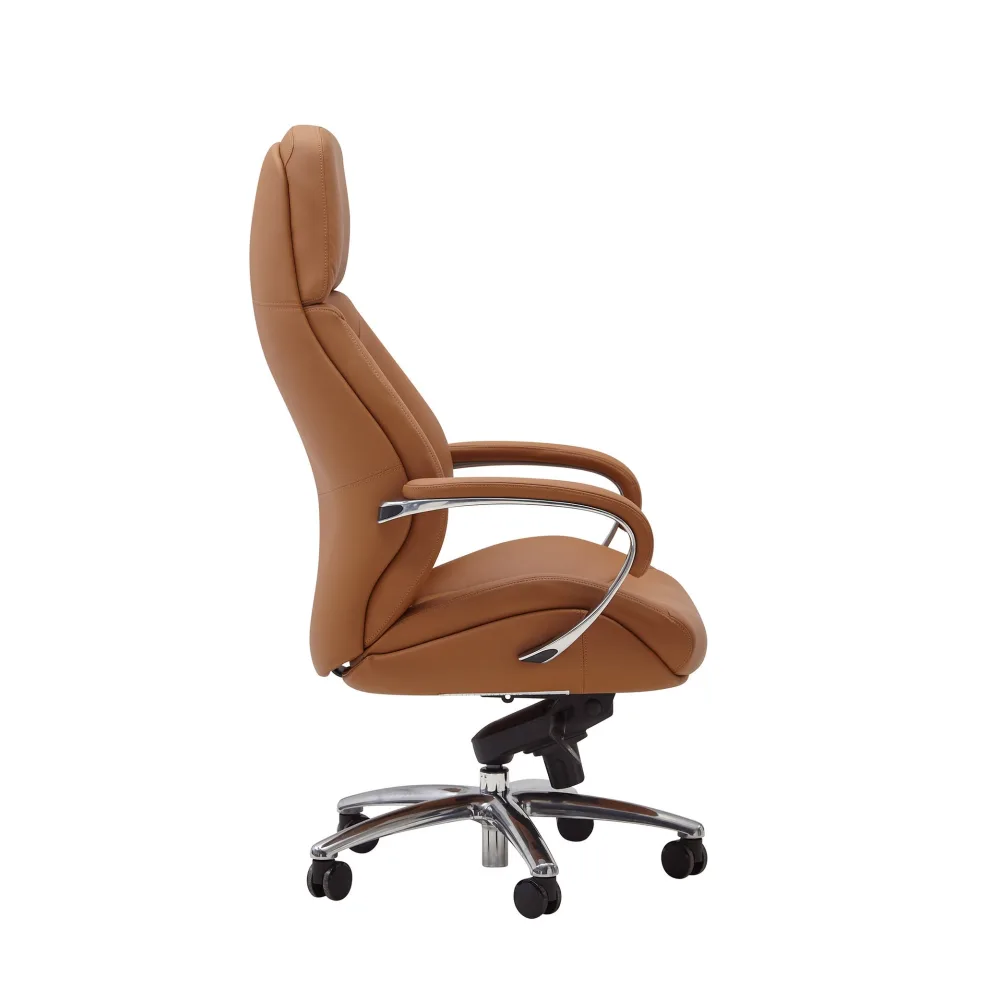 FineBuy Design Bürostuhl Bezug Echtleder Caramel Schreibtischstuhl bis 120 kg, XXL Design Chefsessel höhenverstellbar, Drehstuhl ergonomisch mit Armlehnen & hoher Rückenlehne, Wippfunktion