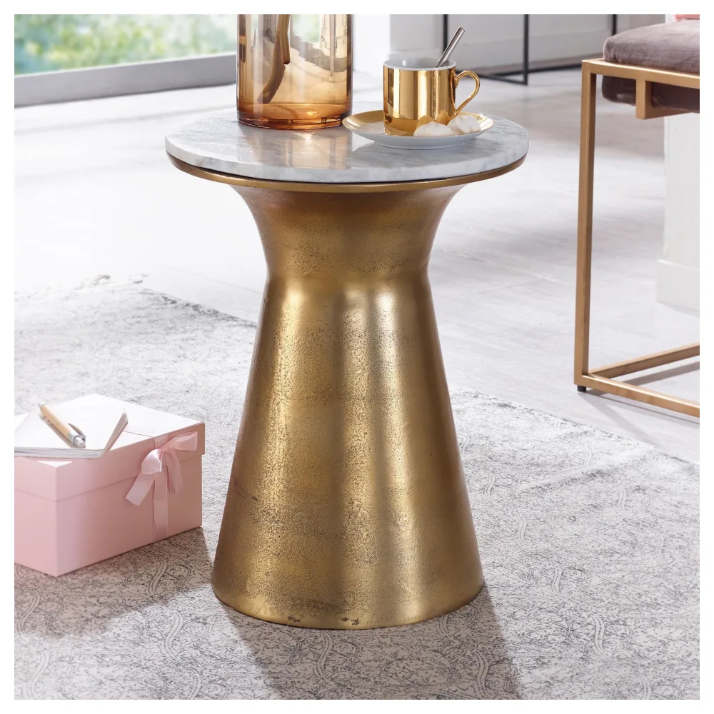 FineBuy Beistelltisch Echter Marmor Weiß 35x35x45 cm Anstelltisch Metall Gold, Kleiner Sofatisch Rund, Wohnzimmertisch Couch Modern, Couchtisch Hoch