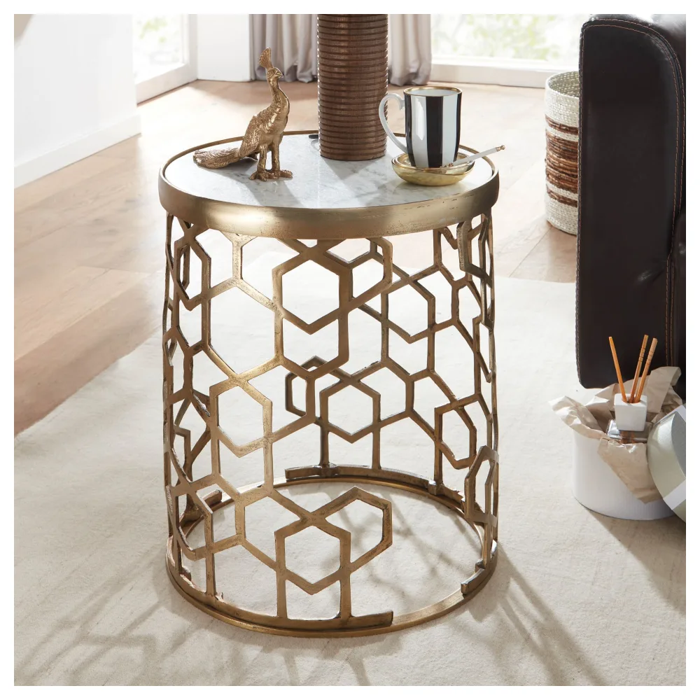 FineBuy Beistelltisch Echter Marmor Weiß 44x44x55 cm Anstelltisch Metall Gold, Kleiner Sofatisch Rund, Wohnzimmertisch Couch Modern, Couchtisch Hoch