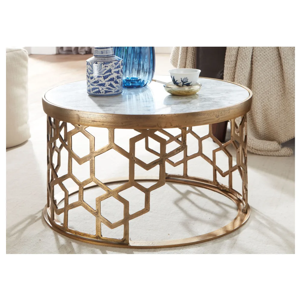 FineBuy Couchtisch Echter Marmor Weiß 60x60x36 cm Sofatisch Metall Gold, Design Wohnzimmertisch Rund, Kleiner Kaffeetisch Modern, Beistelltisch Anstelltisch Wohnzimmer