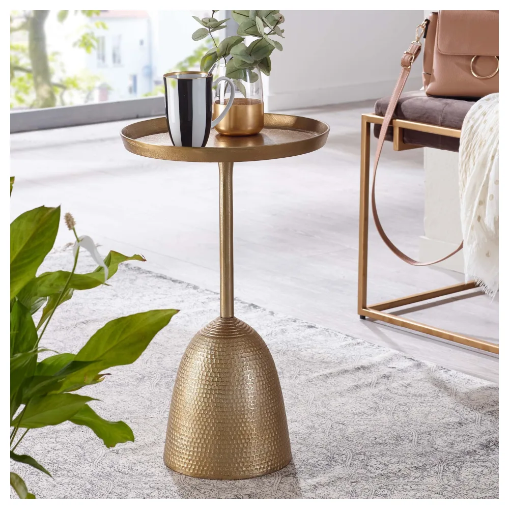 FineBuy Orientalischer Beistelltisch rund Ø 33cm Metall gold - kleiner Design Wohnzimmertisch Aluminium - Alu Couchtisch - Sofatisch - Anstelltisch