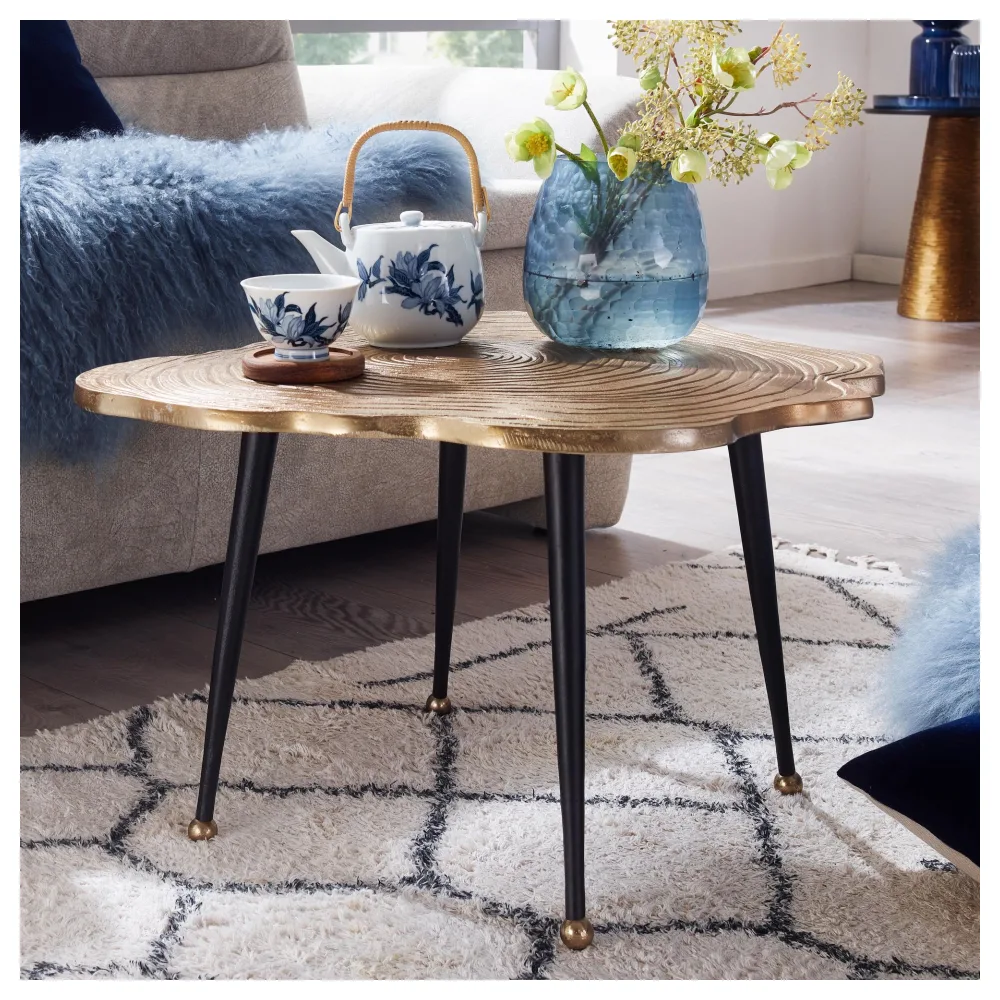 FineBuy Couchtisch Aluminium Baumscheibe 64x64x37 cm Sofatisch Metall Gold, Design Wohnzimmertisch Rund, Kleiner Kaffeetisch Modern, Beistelltisch Anstelltisch Wohnzimmer