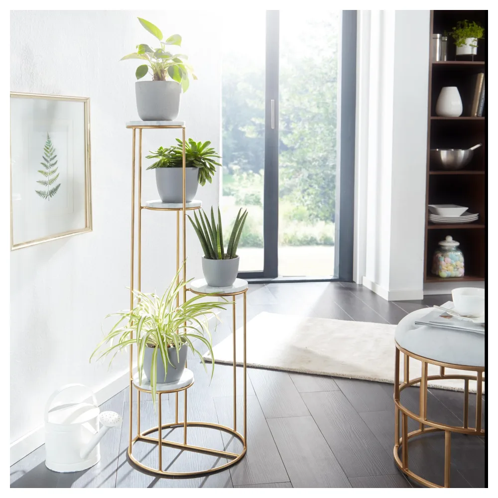 FineBuy Blumenständer Echter Marmor Weiß 36,5x107,5x36,5 cm Pflanzenständer Stehend Gold, Blumenhocker Wohnzimmer Freistehend mit 4 Ablagen, Pflanzenregal Blumenregal Groß Modern