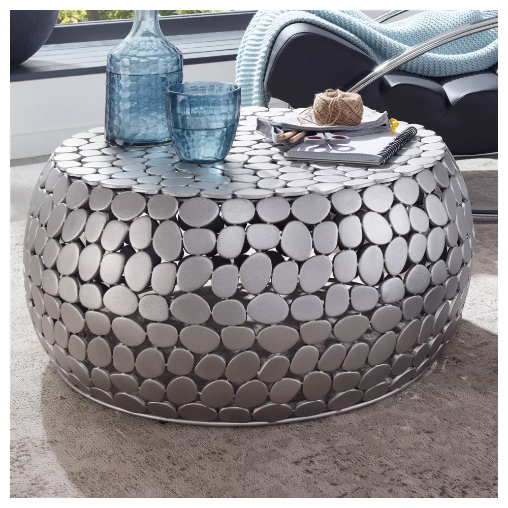 FineBuy Design Couchtisch rund 66 cm Metall silber - Handgefertigter Aluminium Wohnzimmertisch - Moderner Stone Sofatisch Wohnzimmer Beistelltisch