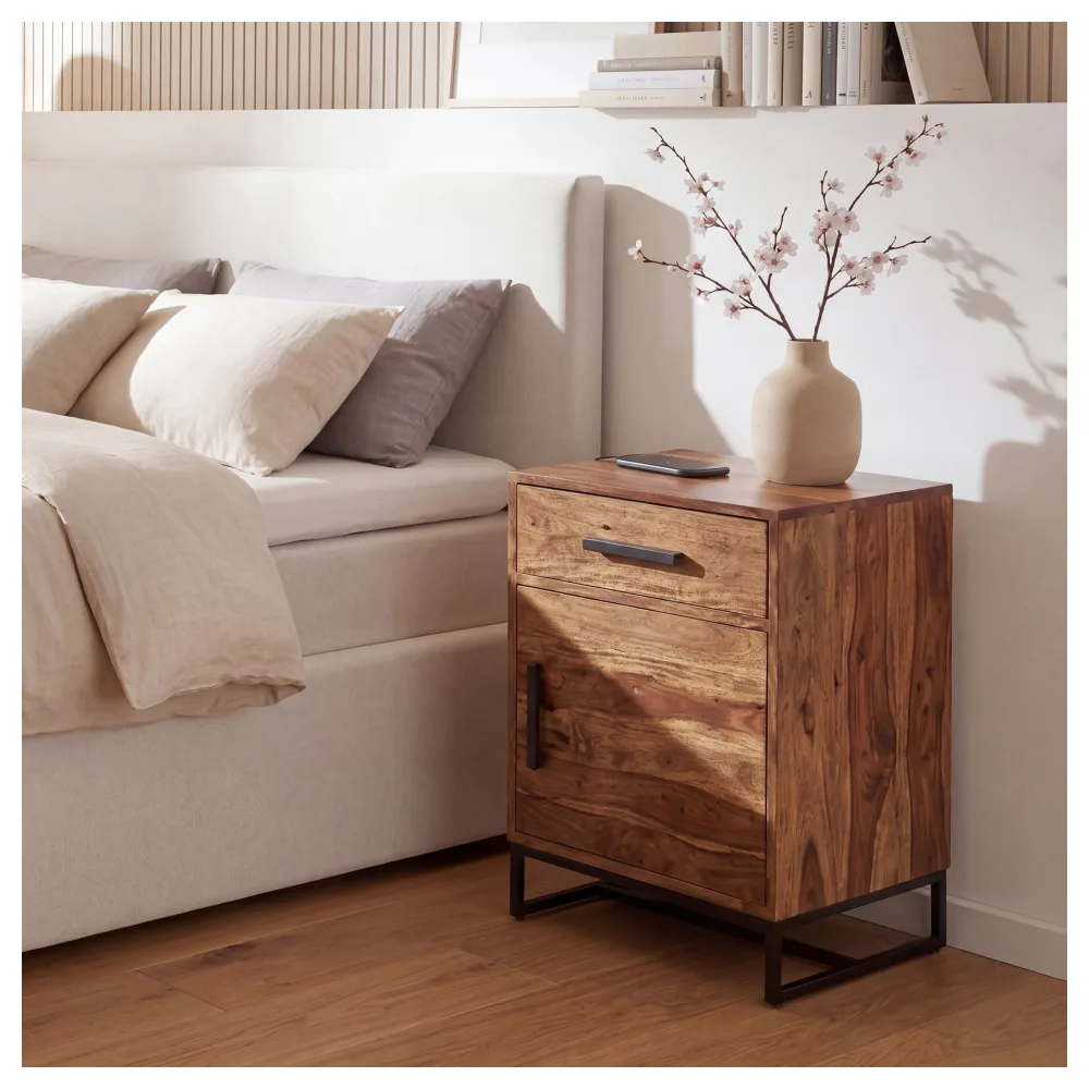 FineBuy Nachttisch Sheesham Massivholz mit Metallgestell, Schublade und Tür – Nachtkonsole im Industrial Design, handgefertigt – Nachtkästchen für Boxspringbett 45x35x65 cm