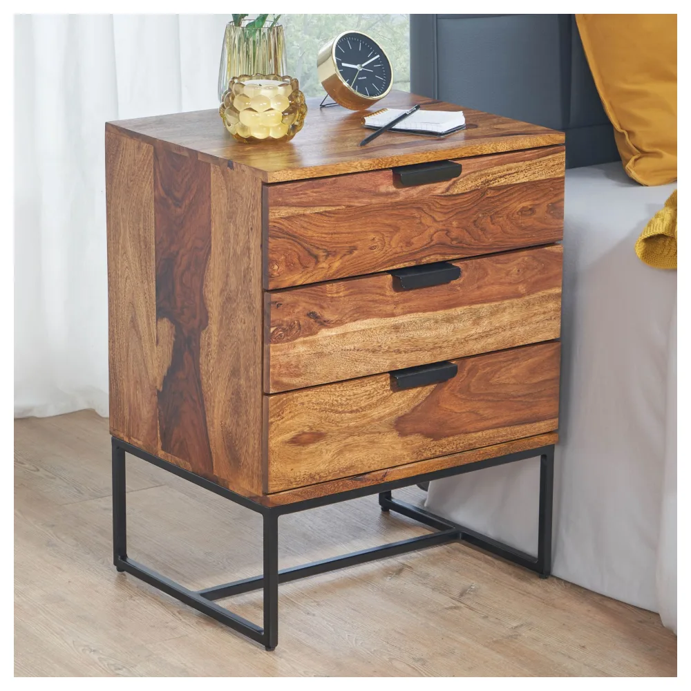 FineBuy Nachttisch Sheesham Massivholz mit Metallgestell und 3 Schubladen – Nachtkonsole im Industrial Design, handgefertigt – Nachtkästchen für Boxspringbett 50x40x65 cm