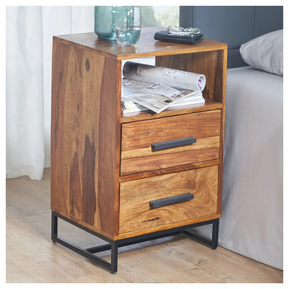 FineBuy Nachttisch Sheesham Massivholz mit Metallgestell 2 Schubladen & Ablage – Nachtkonsole im Industrial Design, handgefertigt – Nachtkästchen für Boxspringbett 40x35x66 cm
