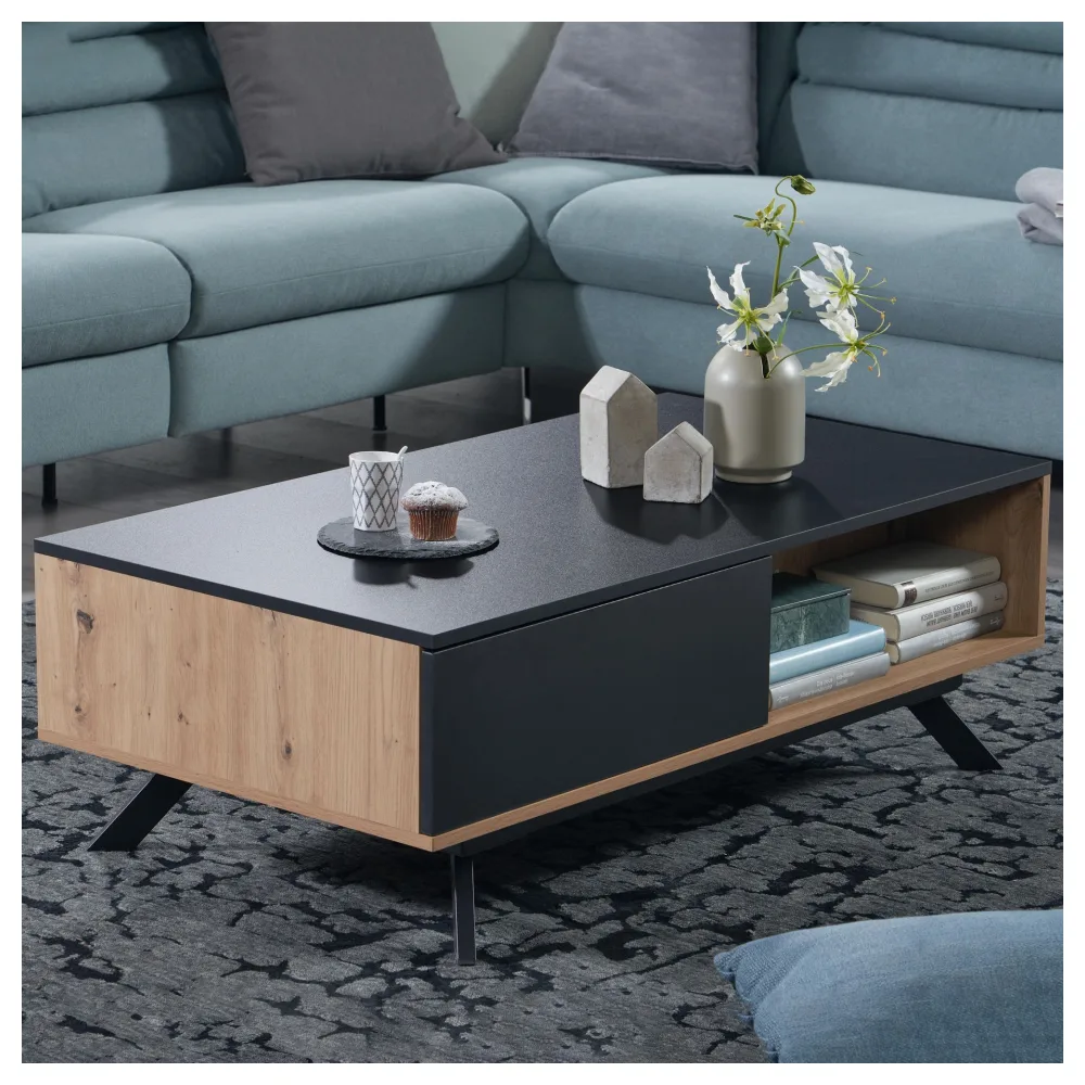FineBuy Couchtisch 110x60x38 cm MDF Eiche-Dekor / Schwarz Wohnzimmertisch, Sofatisch Rechteckig mit Stauraum, Kaffeetisch mit Schubladen, Tisch Wohnzimmer mit Metallbeine