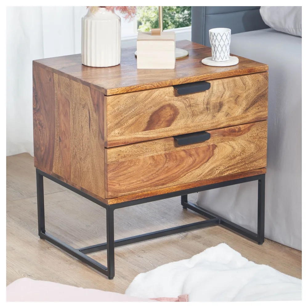 FineBuy Nachttisch Sheesham Massivholz mit Metallgestell & 2 Schubladen – Nachtkonsole im Industrial Design, handgefertigt – Nachtkästchen 50x40x51cm