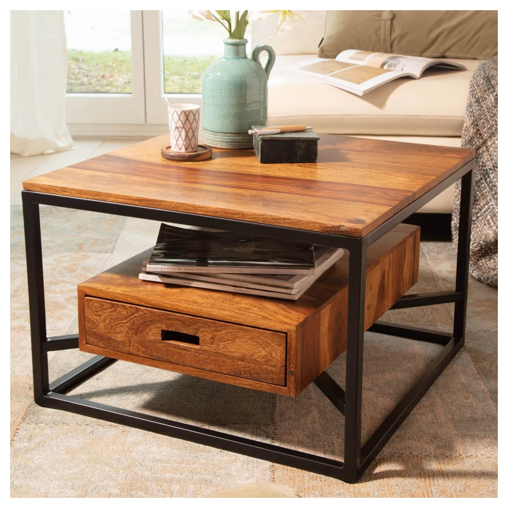 FineBuy Couchtisch 60x60x40 cm Sheesham Massivholz / Metall Sofatisch Quadratisch, Design Wohnzimmertisch Kaffeetisch Massiv mit Schublade, Kleiner Tisch Beistelltisch Wohnzimmer Modern