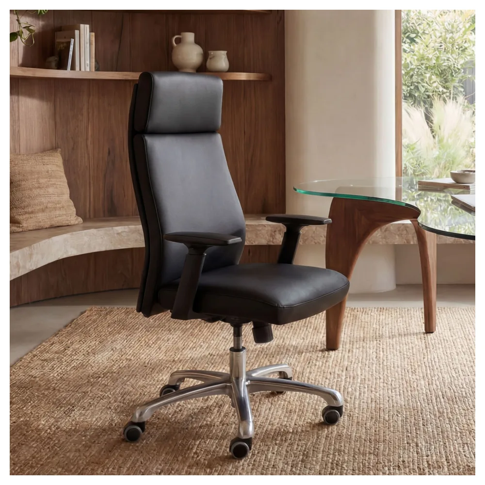 FineBuy Bürostuhl PORTO Echt-Leder Schwarz ergonomisch mit Kopfstütze, Design Chefsessel Schreibtischstuhl ergonomisch mit Wippfunktion, Drehstuhl mit Armlehnen X-XL 120 kg
