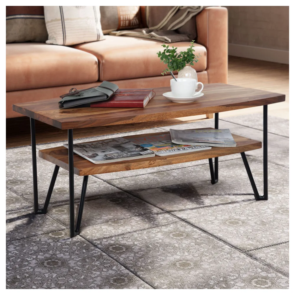 FineBuy Couchtisch 90x50x40 cm Sheesham Massivholz / Metall Sofatisch Rechteckig, Design Wohnzimmertisch Kaffeetisch mit Stauraum, Holztisch Wohnzimmer Industrial Vierrund