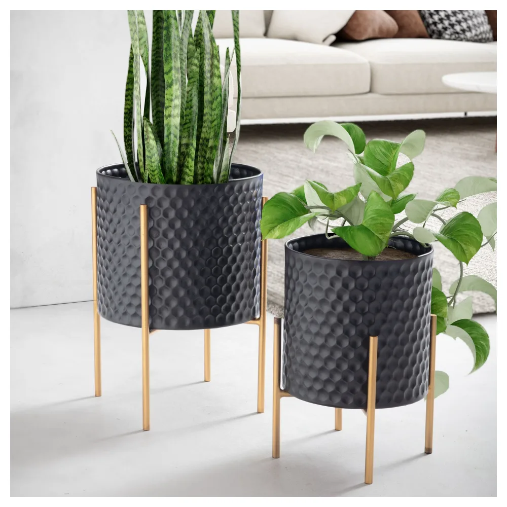 FineBuy Blumentopf 2er Set Metall Pflanzkübel Schwarz / Gold mit Füßen, Design Pflanzenkübel Rund Indoor, Blumenkübel Pflanzgefäß mit Waben-Muster in 3D