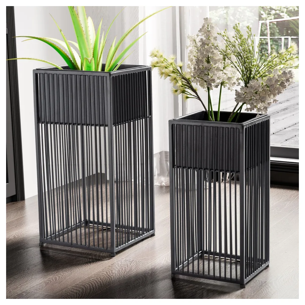 FineBuy Blumentopf 2er Set Metall Pflanzkübel Schwarz mit Gestell, Design Pflanzenkübel Quadratisch, Blumenkübel Pflanzgefäß Indoor