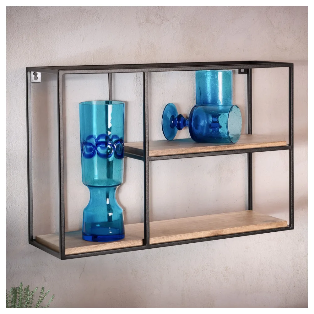 FineBuy Wandregal 60x40x18 cm Mango Massivholz / Metall Hängeregal Rechteckig, Kleines Design Schweberegal Industrial, Regal Hängend Wohnzimmer, Bücherregal Wand