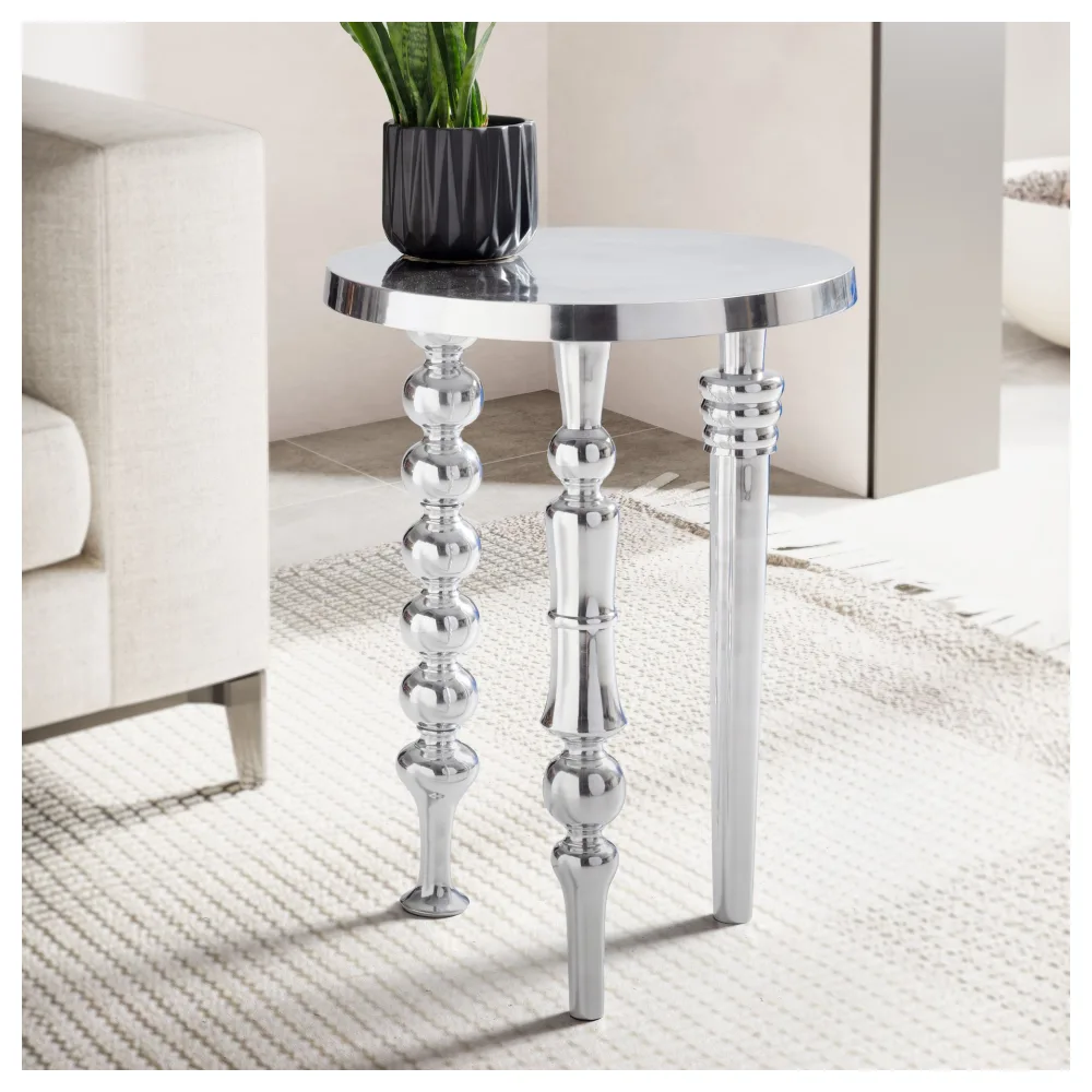 FineBuy Design Beistelltisch rund 44cm Metall silber - Handgefertigter Wohnzimmertisch Aluminium - Alu Dekotisch - Kleiner Couchtisch