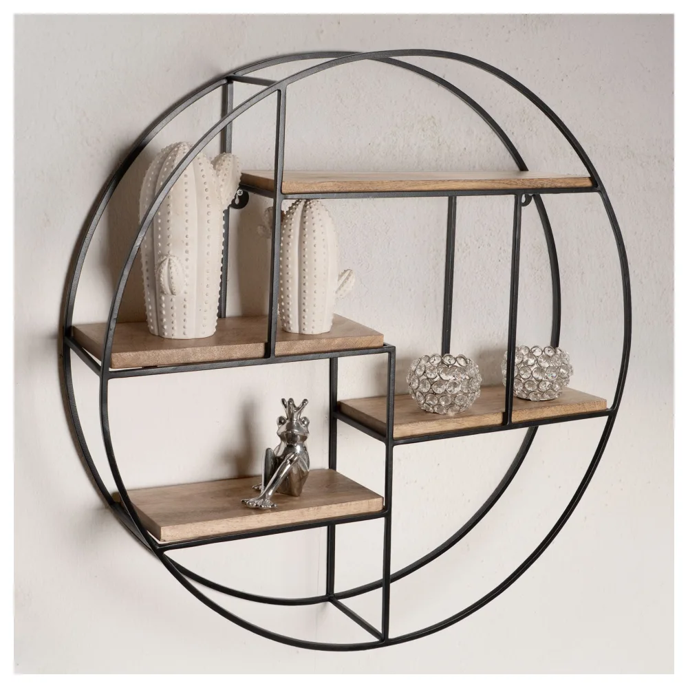 FineBuy Wandregal 70x70x18 cm Mango Massivholz / Metall Hängeregal Rund, Kleines Design Schweberegal Industrial, Regal Hängend Wohnzimmer, Bücherregal Wand
