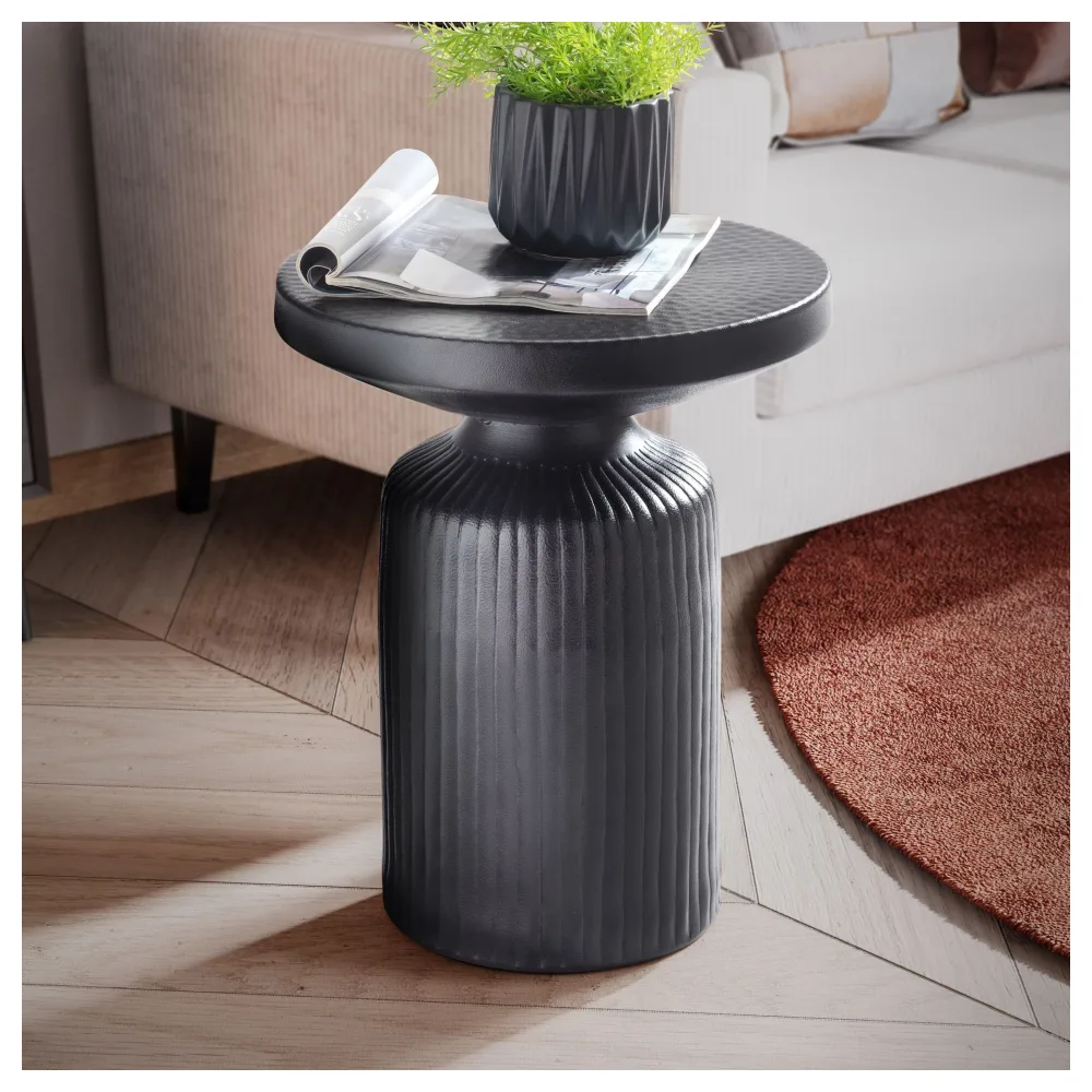 FineBuy Orientalischer Beistelltisch 40 cm rund Metall Schwarz mit Lamellen-Optik - Design Aluminium Wohnzimmertisch - Dekotisch - Kleiner Couchtisch
