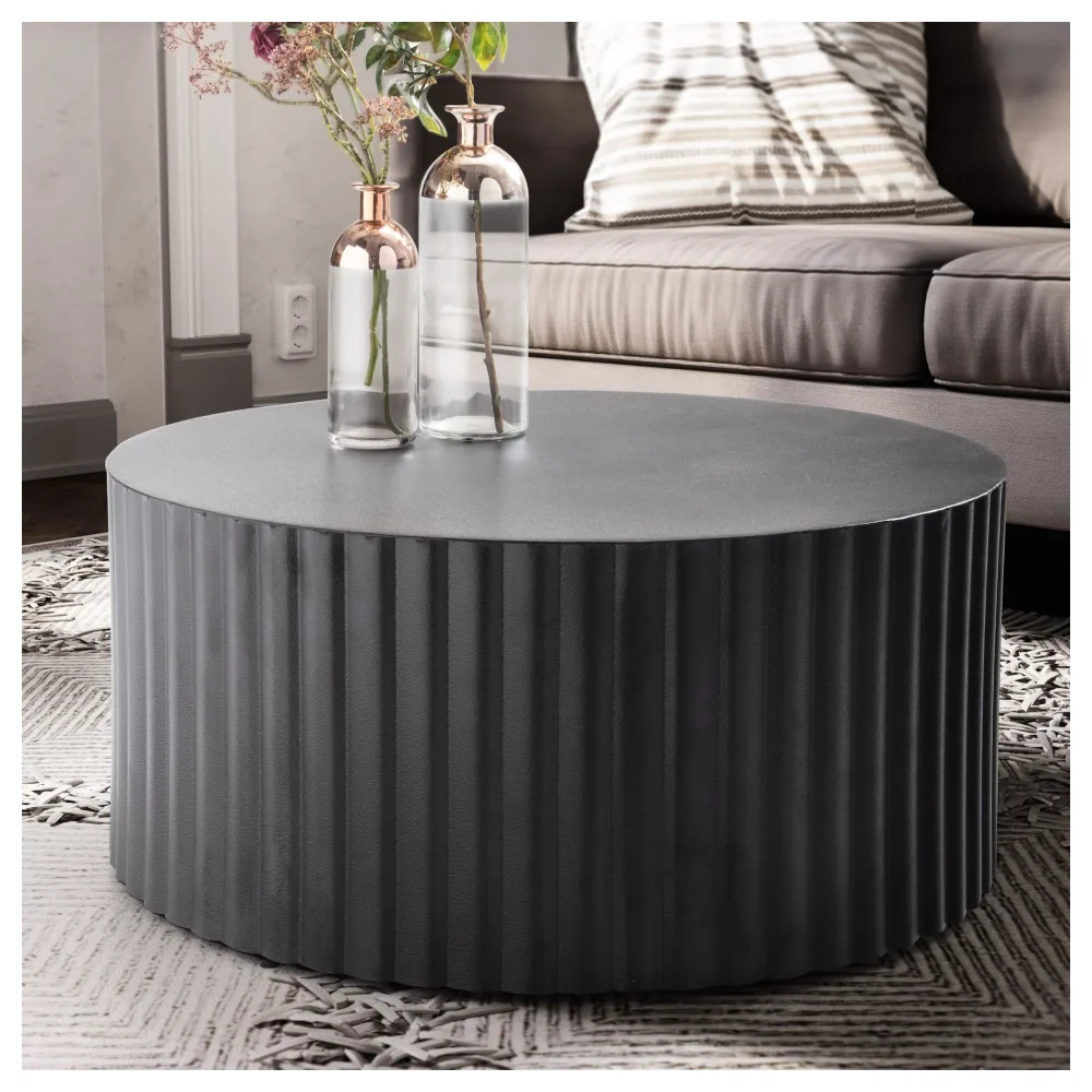 FineBuy Design Couchtisch rund 70 cm Metall Schwarz - Handgefertigter Aluminium Wohnzimmertisch mit Lamellenstruktur - Moderner Sofatisch Wohnzimmer