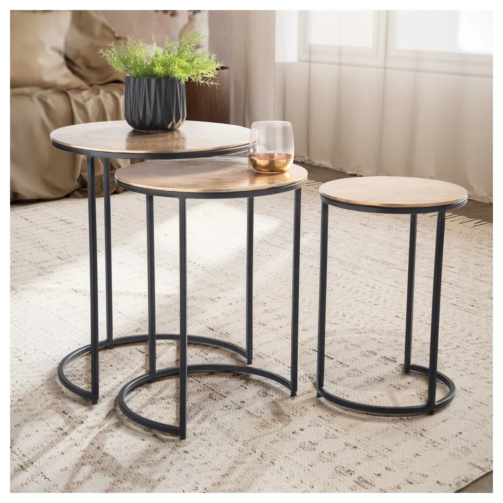 FineBuy Design 3er Couchtisch Set rund aus Aluminium gold - Metall Wohnzimmertisch mit schwarzem Rahmen - Satztisch - Beistelltische - Dekotisch 3 teilig
