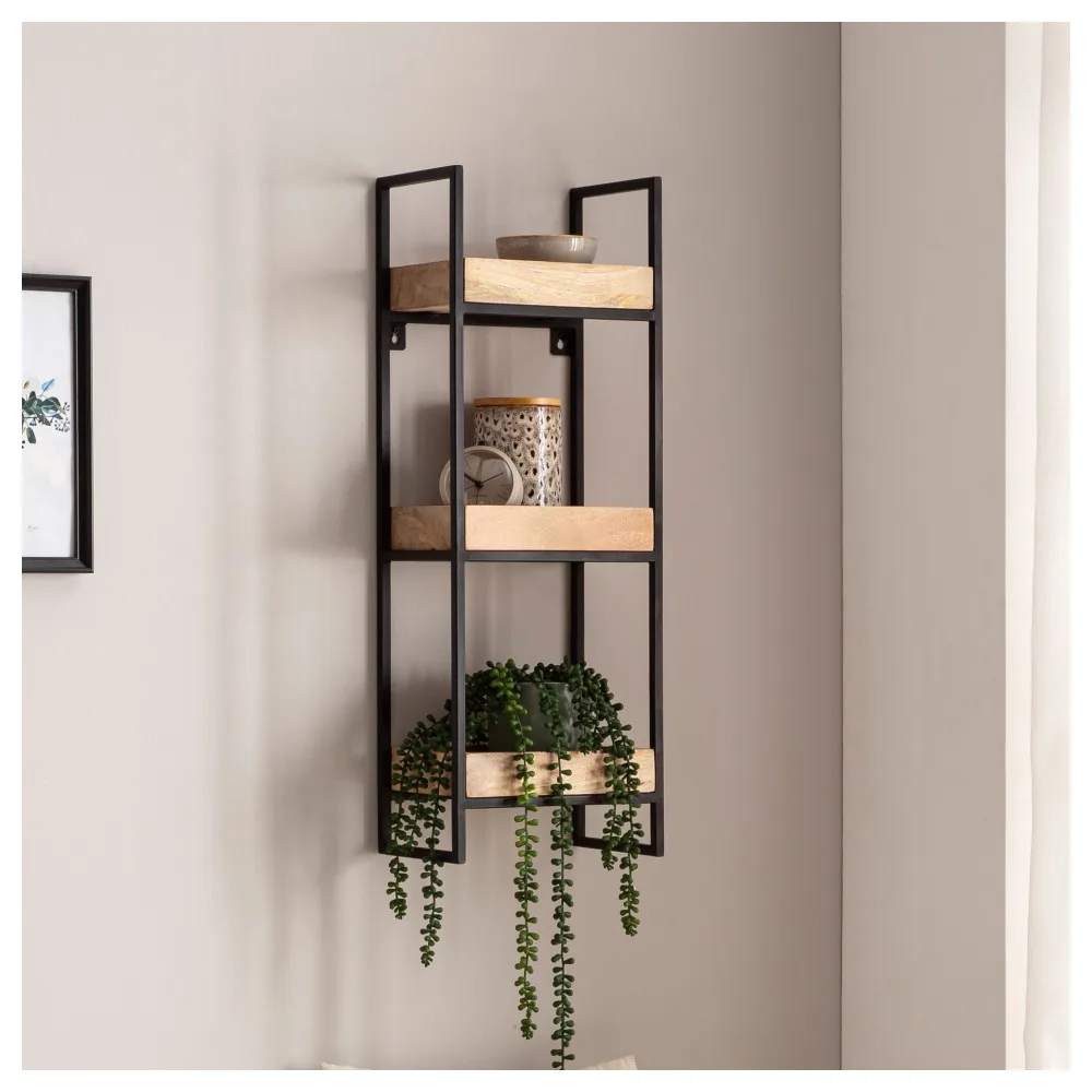 FineBuy Wandregal 27x77x18 cm Mango Massivholz / Metall Hängeregal Industrial, Design Schweberegal Rechteckig, Regal Hängend Wohnzimmer, Tablettregal Wand mit 3 Ablagen & Metallrahmen