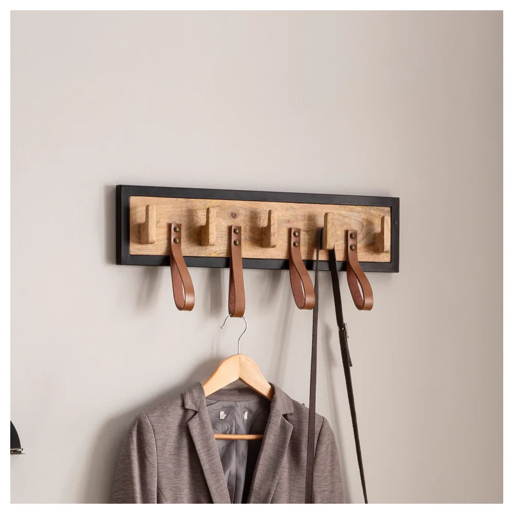 FineBuy Wandgarderobe Mango Massivholz 60cm - Garderobenpaneel massiv Holz - Wand Garderobenleiste Hakenleiste 5 Kleiderhaken & 4 Echtleder Schlaufen