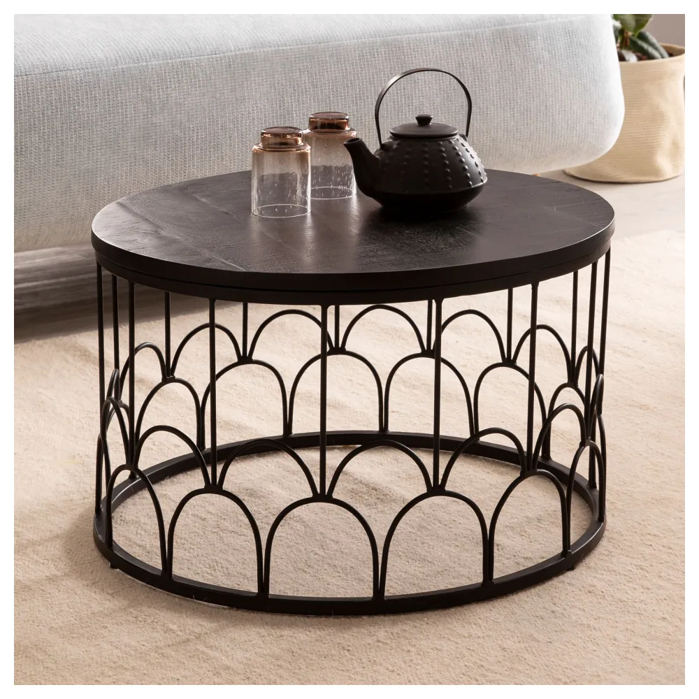 FineBuy Couchtisch Mango Massivholz rund Ø 60 cm Schwarz · Wohnzimmertisch mit Metallgestell · Handgefertigter Sofatisch im Art-Deco Industrial Design
