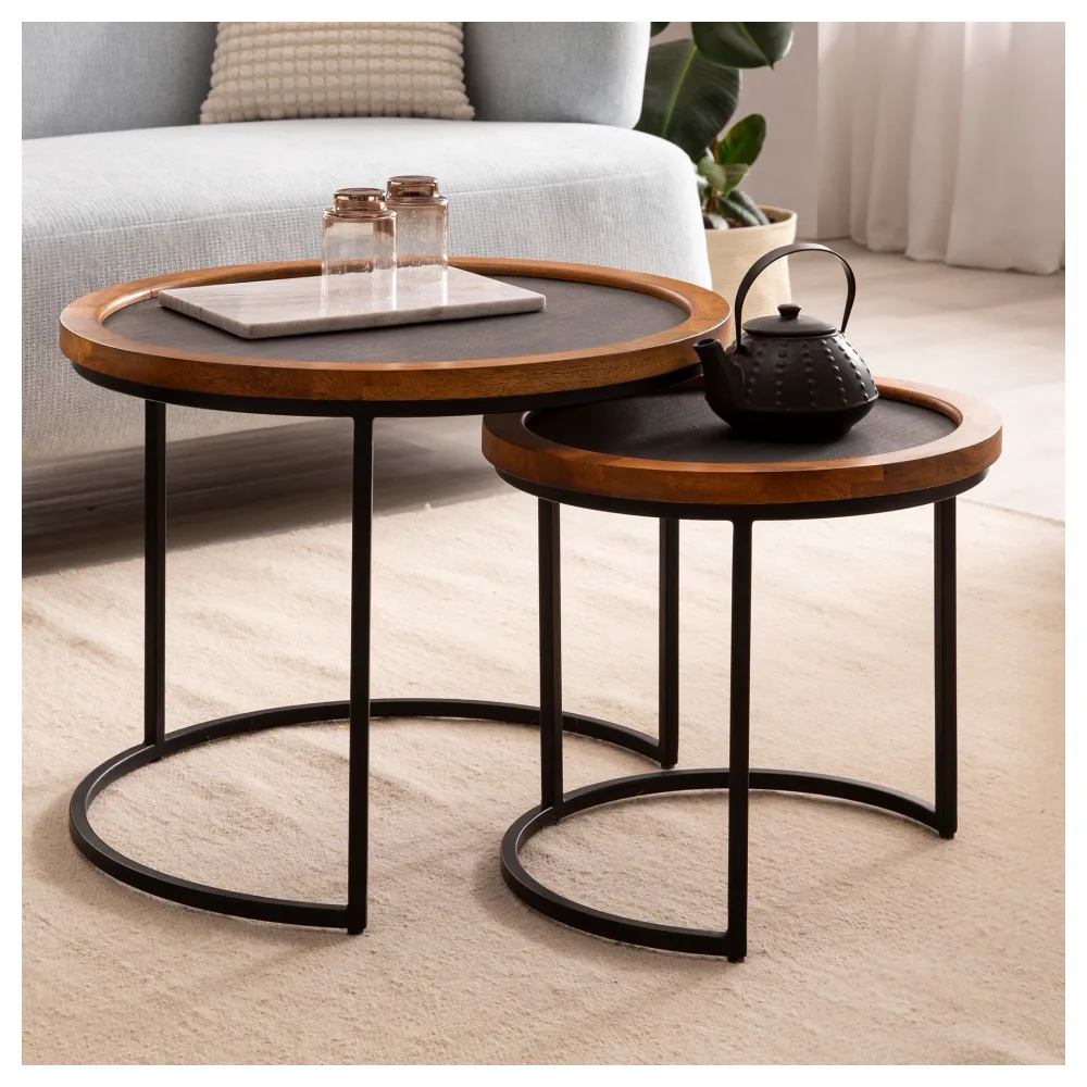FineBuy Couchtisch 2er Set Mango Massivholz / Steinoptik Wohnzimmertisch Rund, Satztisch mit Metallgestell, Kaffeetisch Modern, Sofatisch Verschachtelungstisch 2-teilig Braun / Anthrazit