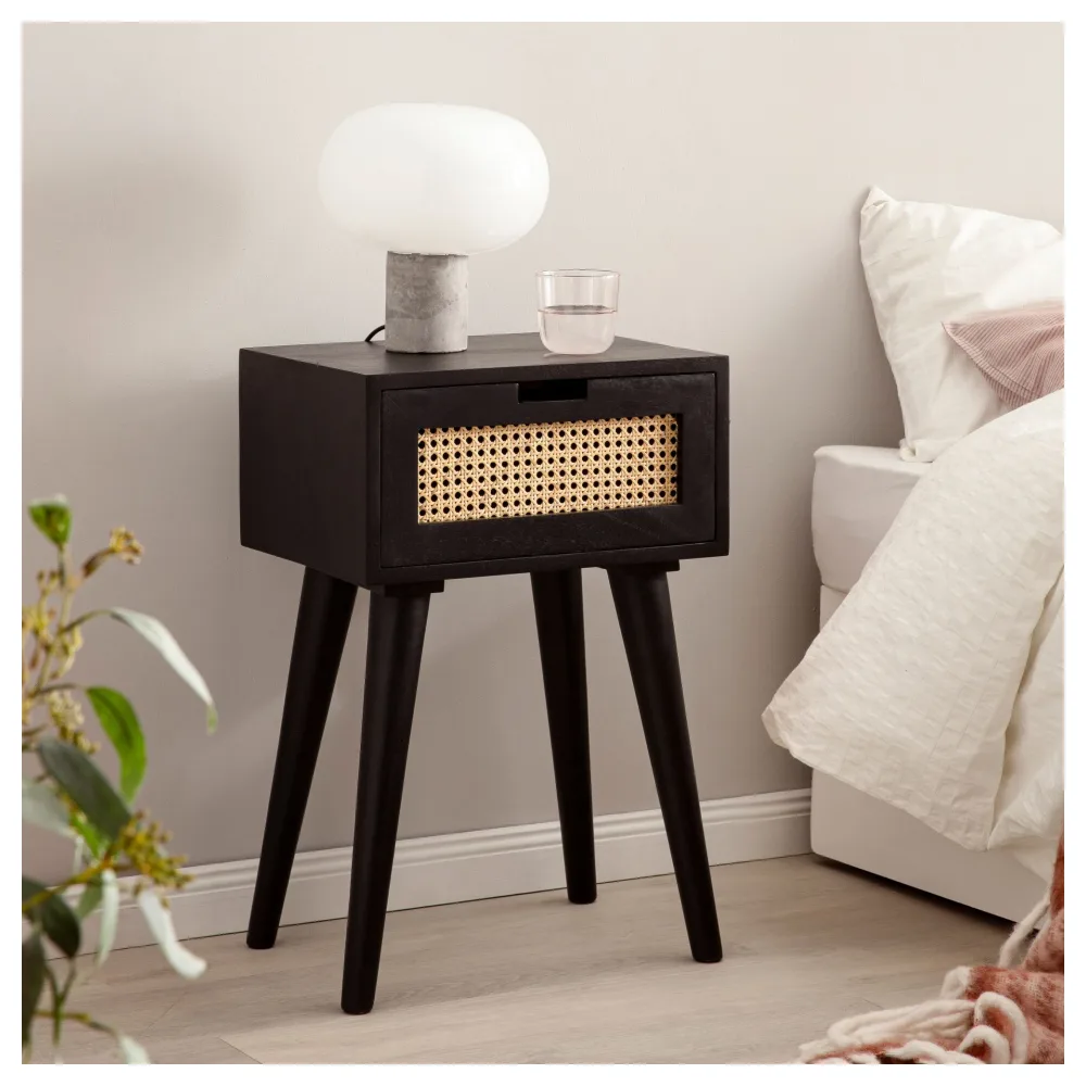 FineBuy Nachtkonsole Mango Massivholz Schwarz mit Rattan & Schublade – Nachttisch im Boho & Natur Design, Nachtkästchen für Boxspringbett, handgefertigt Wiener Geflecht – 40x60x30 cm