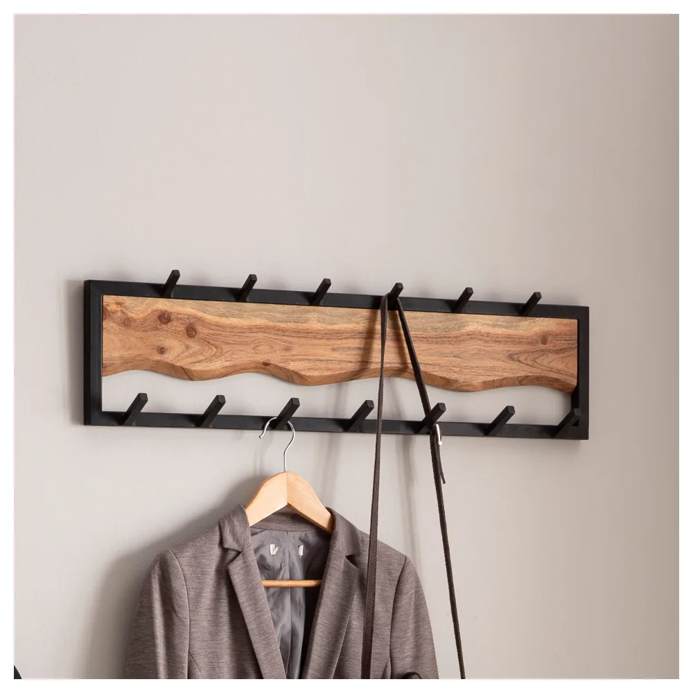 FineBuy Wandgarderobe Akazie Massivholz 80 cm - Garderobenpaneel massiv Holz - Wand Garderobenleiste Hakenleiste - 13 Metall Kleiderhaken