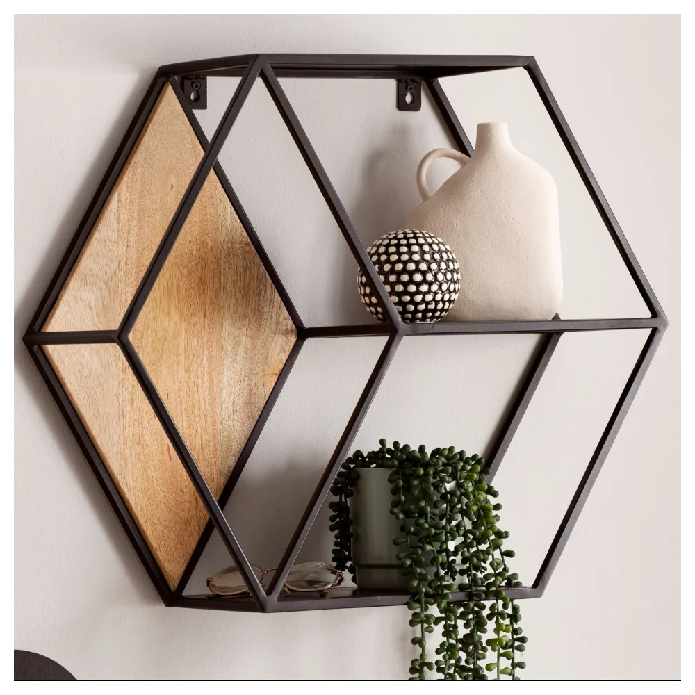 FineBuy Wandregal 60x52x20 cm Mango Massivholz / Metall Hängeregal Industrial, Design Schweberegal Sechseckig, Dekoregal Hängend Wabenform, Regal Wand mit 3 Ablagen